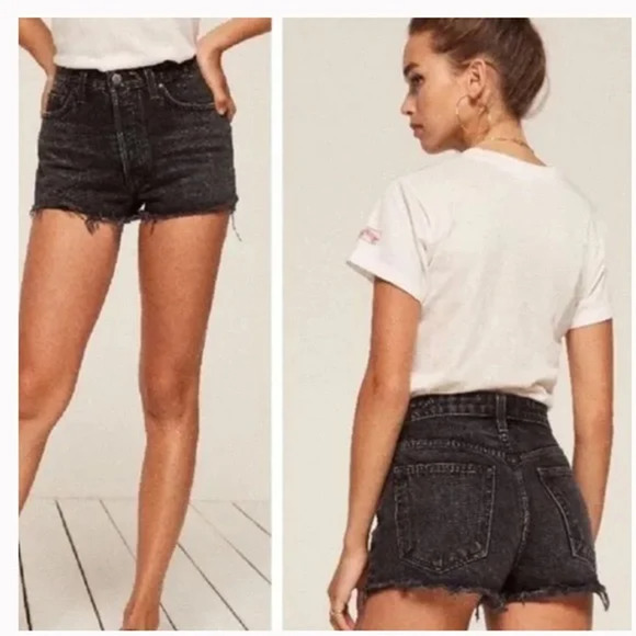 Reformation Dixie High-Rise Jean Shorts Black Raw Hem Denim Size 27 - Picture 1 of 6